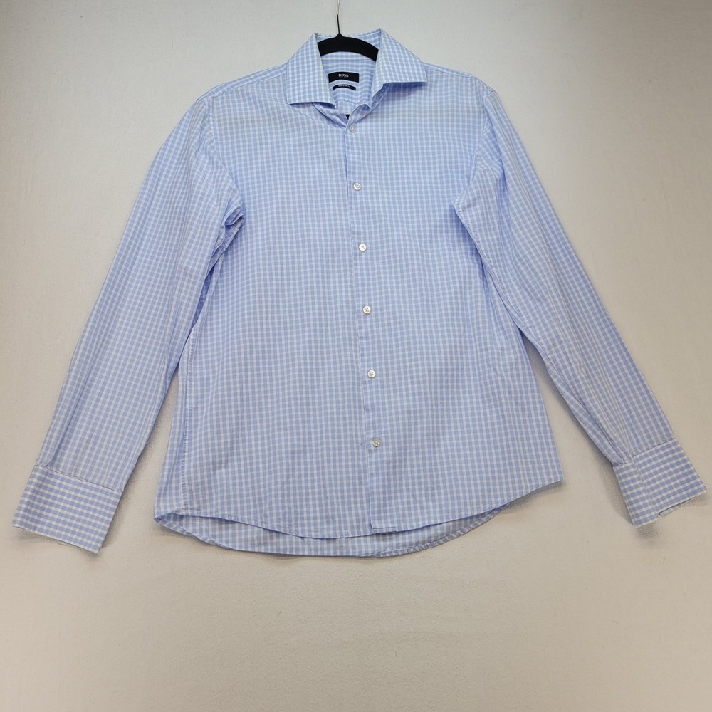 Hugo Boss Button Down Shirt Mens 15.5 39 Blue Gingham Slim Fit Long Sleeve
